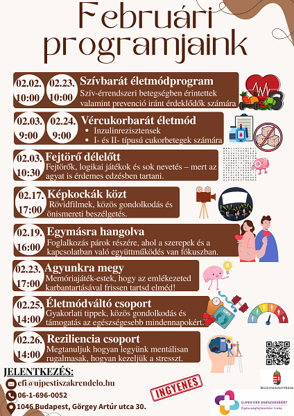Egészségprogramokat felsoroló tájékoztató plakát.